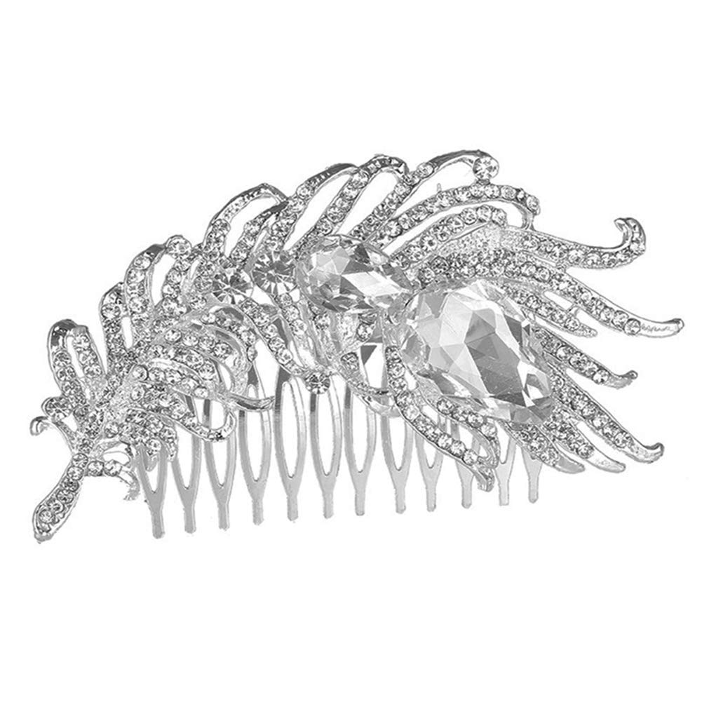 Suoirblss3.93 Inch Rhinestone Crystal Bridal Peacock Feather Hair Comb Couture Bridal Hair Comb Wedding Headpiece