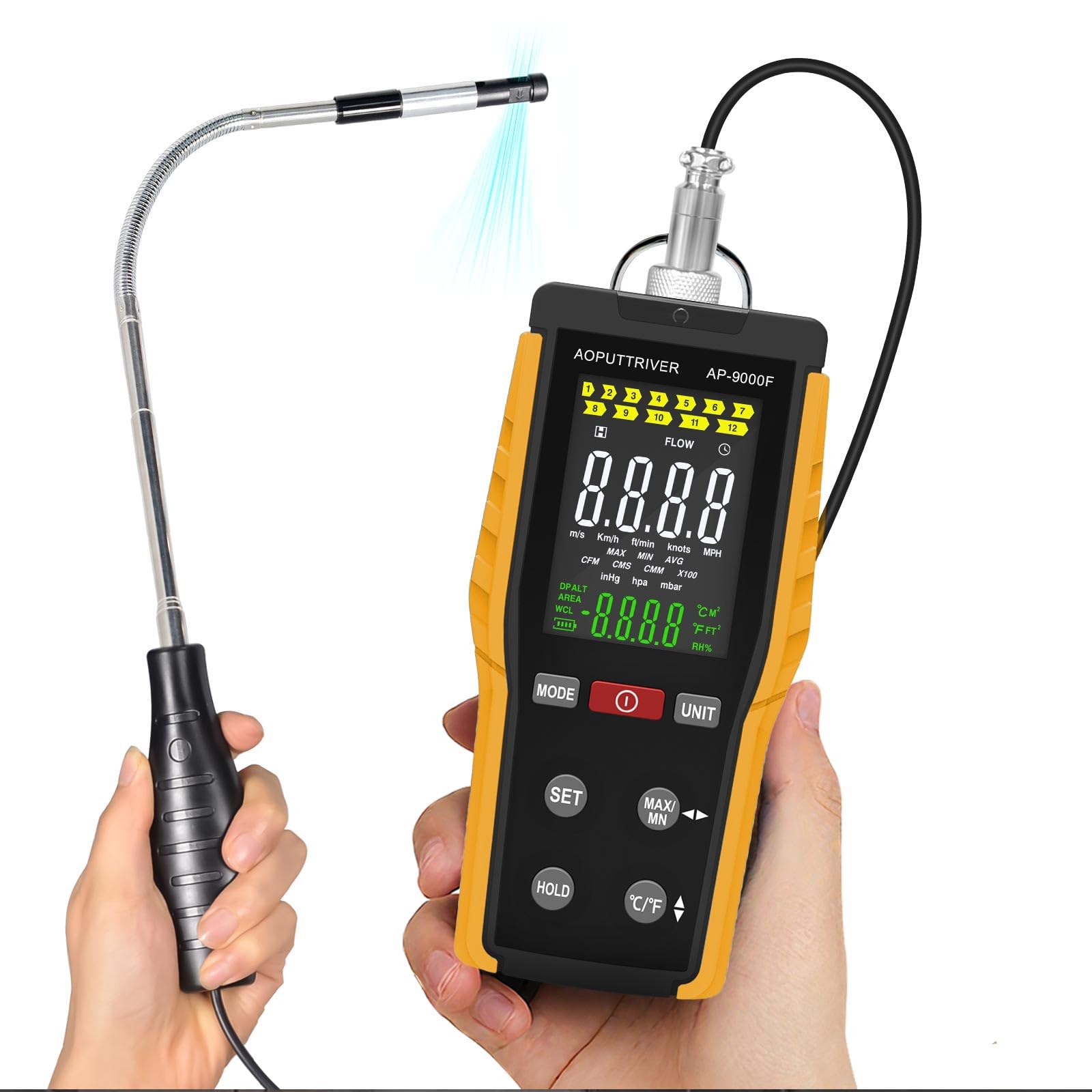 Anémomètre Portable, Anémomètre à fil Chaud pour CVC Avec Vitesse du Vent et Vitesse du Flux D'air 0,1-30 m/s CFM/CMM Débit D'air 0-999900 MAX/MIN/AVG Température et Rétroéclairage écran LCD AP-9000F