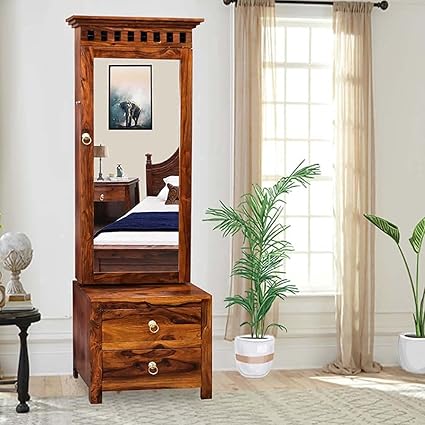 PAIKEACRAFT Furniture Wooden Dressing Table for Bedroom with 2 Drawer, Mirror and Huge Storage Space Come with Bangle Rod Made Up with Solid Sheesham Wood Natural Wooden
