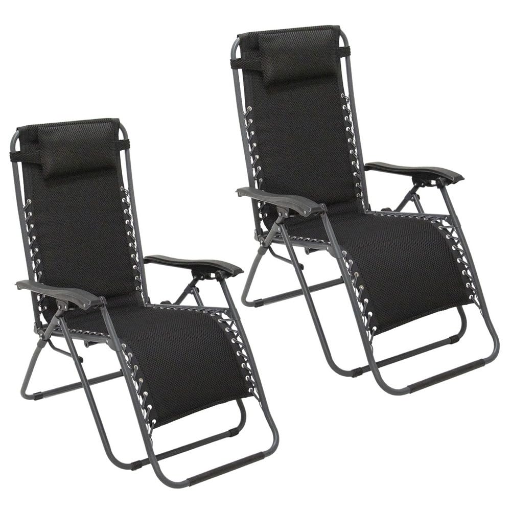 LOLAhome 2 sillas Gravedad Cero Camping jardín y terraza, reclinables, Bloqueo de Seguridad, Estructura Acero Gris y Asiento Lona Oxford poliéster 3D Beige o Negras (Negro)