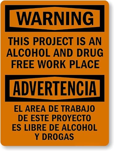 Bilingual Drug Alcohol Free Workplace Sign, English Spanish Dual Language Construction Site Rule Warning Plate, 8x12 Inch