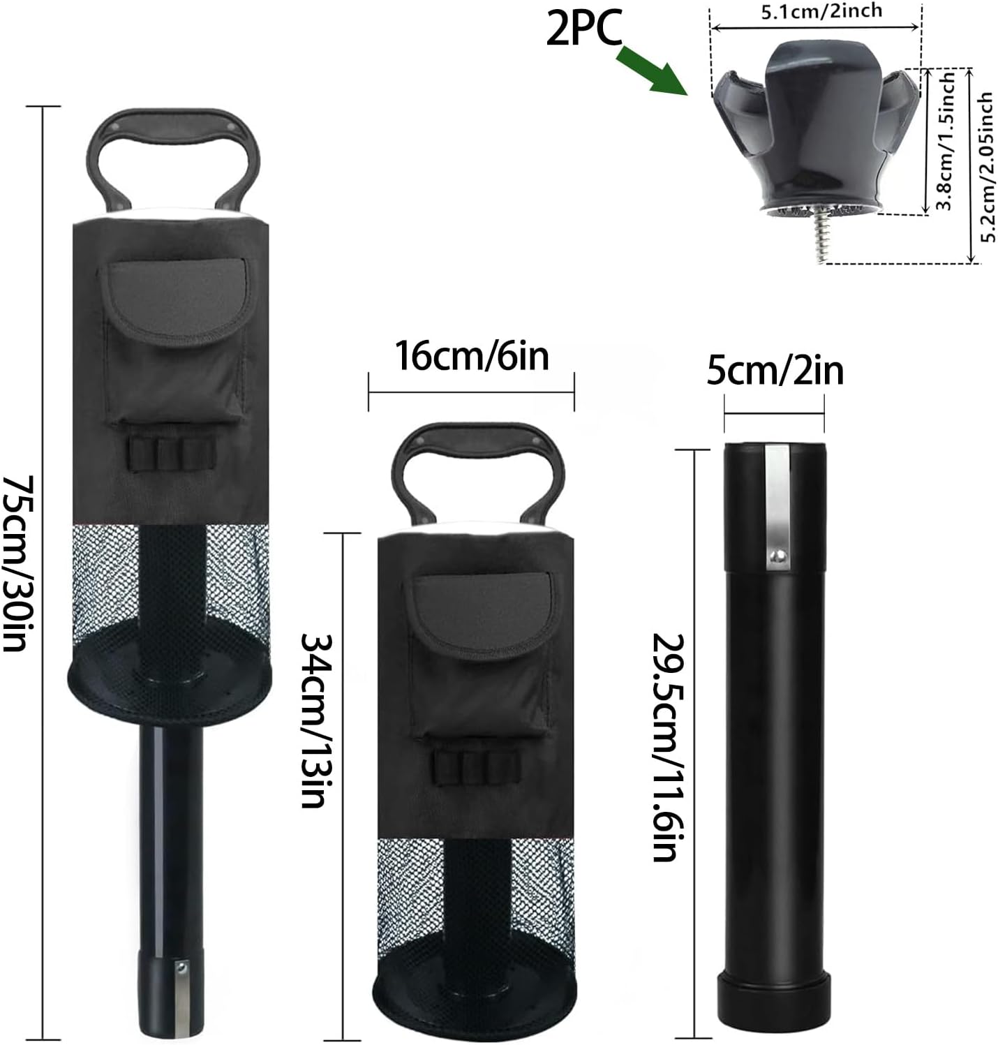 Golf Ball Pick Up Tool Kit: Portable High-Capacity Shag Bag with Pocket & Tee Holder + 2 Pack Quick Install 3-Prong Golf Ball Retriever Grabber