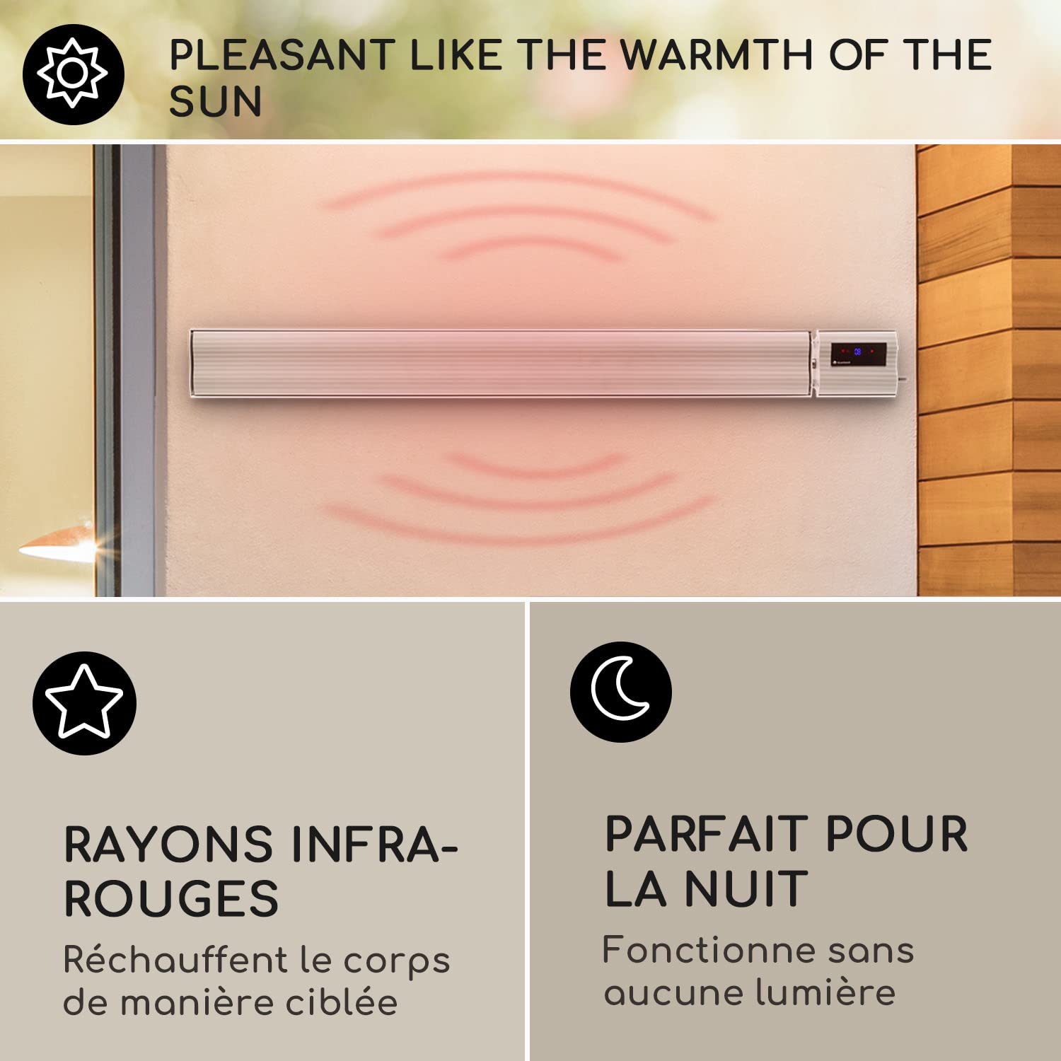 Klarstein Chauffage Electrique à Infrarouge, Chauffage de Jardin 2400W, Télécommande, Minuterie, Affichage LED, Chauffage Exterieur Terrasse pour Veranda, Chauffage d'Appoint Econome, Sans CO2