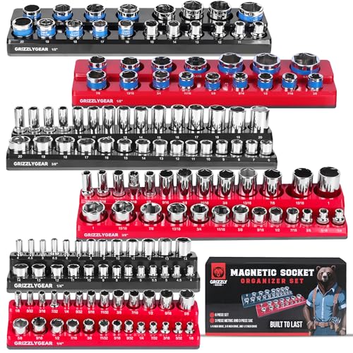 Grizzly Gear Magnetic Socket Holder- 6 Piece SAE & Metric Socket Set | Fits Deep & Shallow Sockets, 1/4 3/8 1/2 Drive Sizes. Magnet Trays for Mechanic