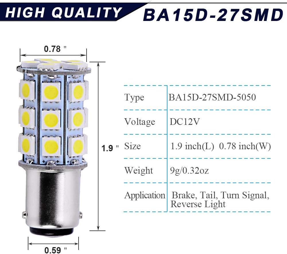 YINTATECH 12x BA15D 1076 LED Light Bulbs White for Car RV Trailer Motorhome Camper Tail Marine Boat 1004 1142 1130 1176 Super Bright, 12V DC, 5050 27SMD