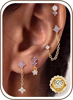 16K Gold Plated Dangle Earring Stacks for Women, Stud & Dangle Earrings Set, 925 Sterling Silver Post, Hypoallergenic for Sensitive Ears, Dainty CZ Flower Studs, Trendy Jewelry, 16K Gold Plated/Rose Gold Plated