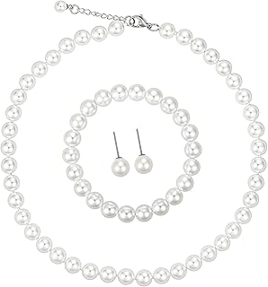 LZMEI White 8mm Faux Hand Knotted Glass Imitation Pearls Necklace Earring Jewelry 3 Set for Women and Girls
