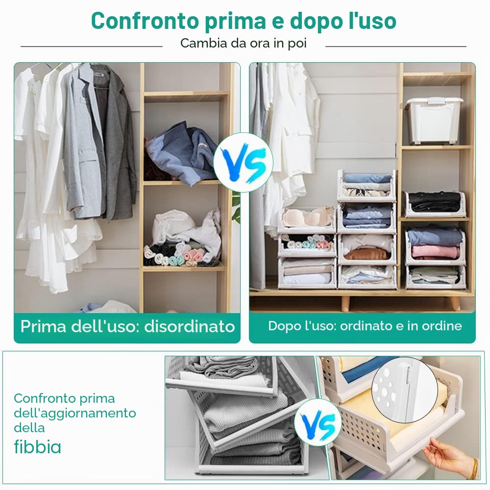 THATSRAD 3 Pezzi Scatole Pieghevoli per Guardaroba in Plastica Contenitori Impilabili per Armadio Organizzatori Impilabili per Guardaroba 43x33,5x14cm Adatti per Casa Camera da Letto Cucina, Bianco