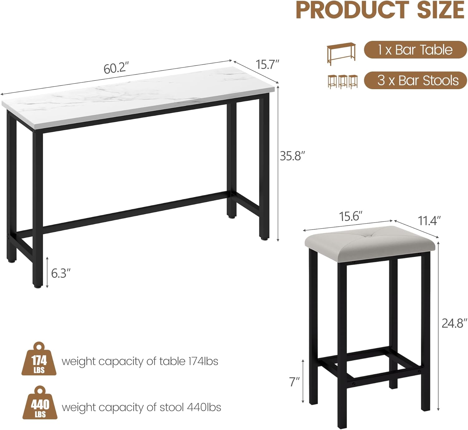 Diagram showing one bar table and three bar stools with dimensions and weight capacities