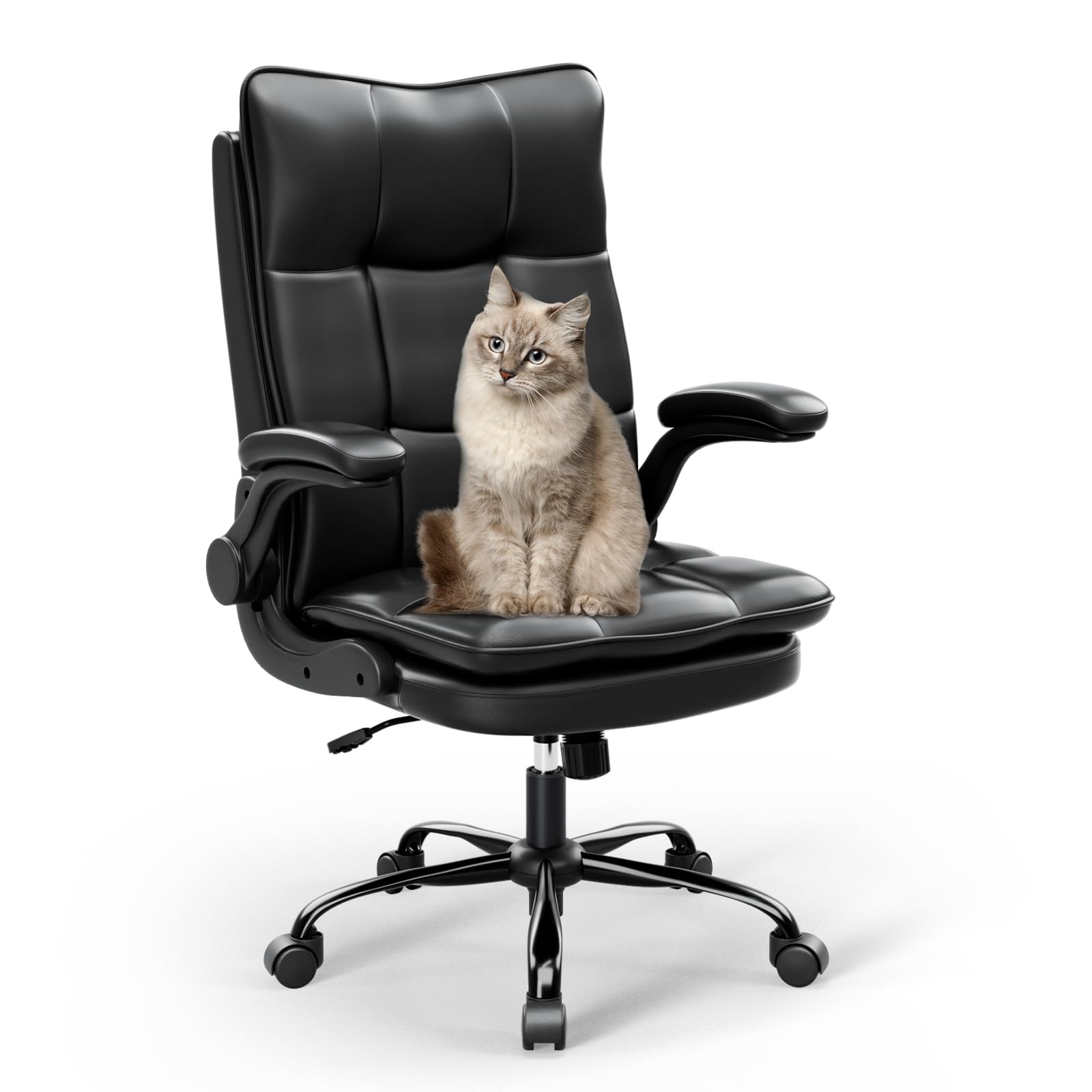 BAYGE Sedia Ufficio, Sedia Ergonomica per Computer con Braccioli Ripiegabili, Poltrona Direzionale con Sedile Largo, Altezza Regolabile, Comoda per Ufficio, Casa e Giochi, Portata fino a 150 kg, Nero