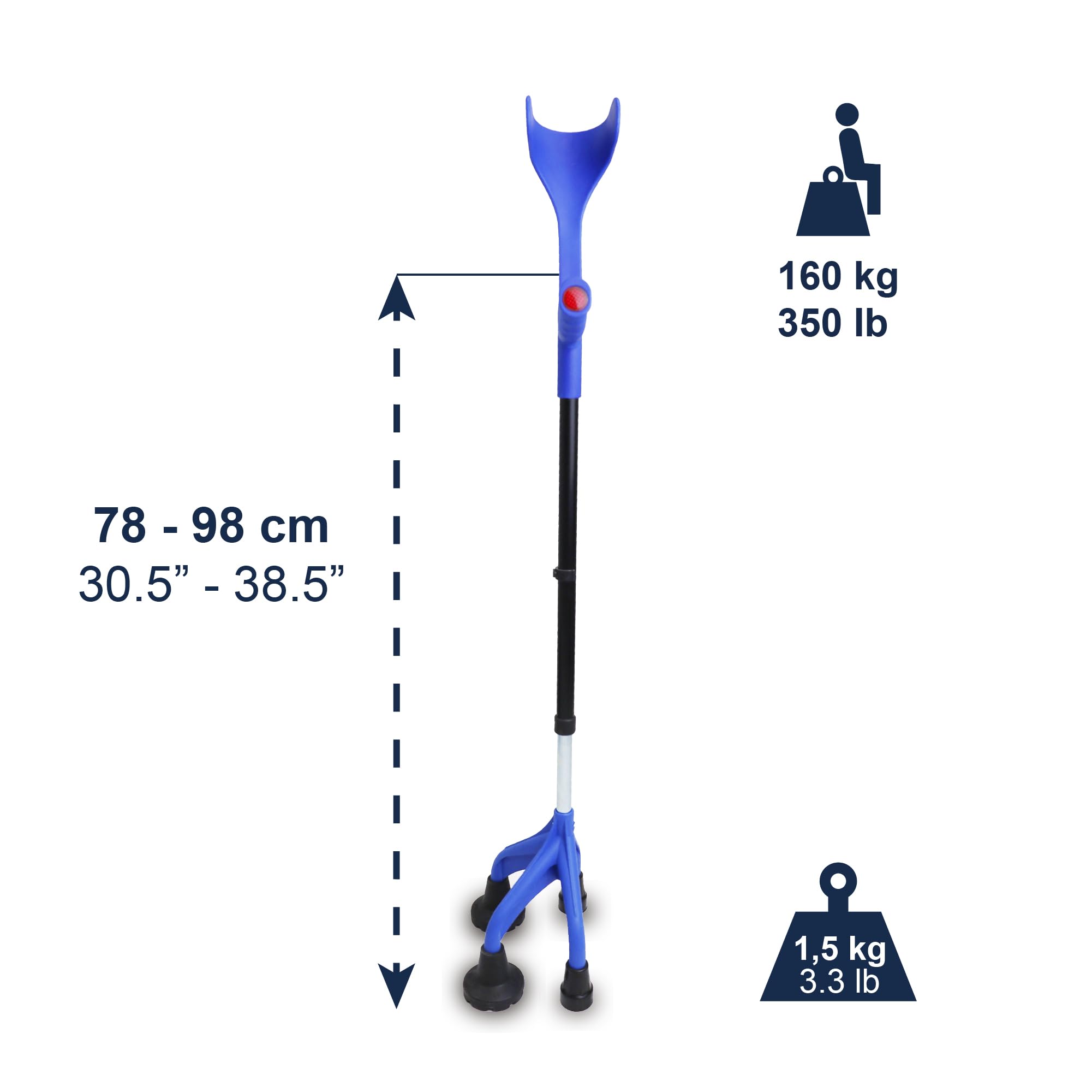 KMINA Muleta Adulto 4 Patas (Pesada y Robusta 1,5 Kg), Ajustable Usuarios >1,55m de Altura, Diseño Patentado - Fabricado en España