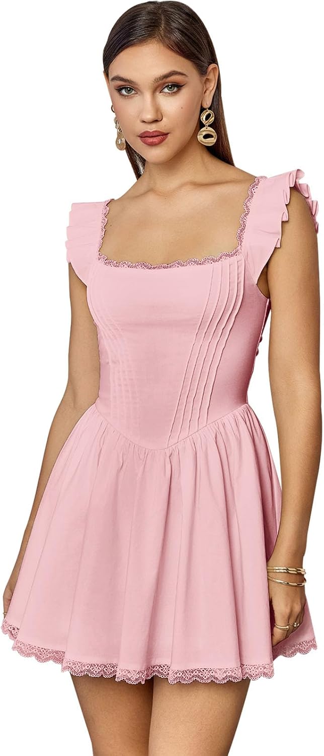 GLNEGE Women's Graduation Summer Mini Corset Dress Square Neck Short Ruffle Sleeve A Line Cute Trendy Party Dresses 2025