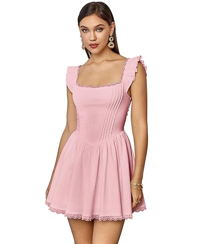 GLNEGE Women's Graduation Summer Mini Corset Dress Square Neck Short Ruffle Sleeve A Line Cute Trendy Party Dresses 2025 - Small - Pink
