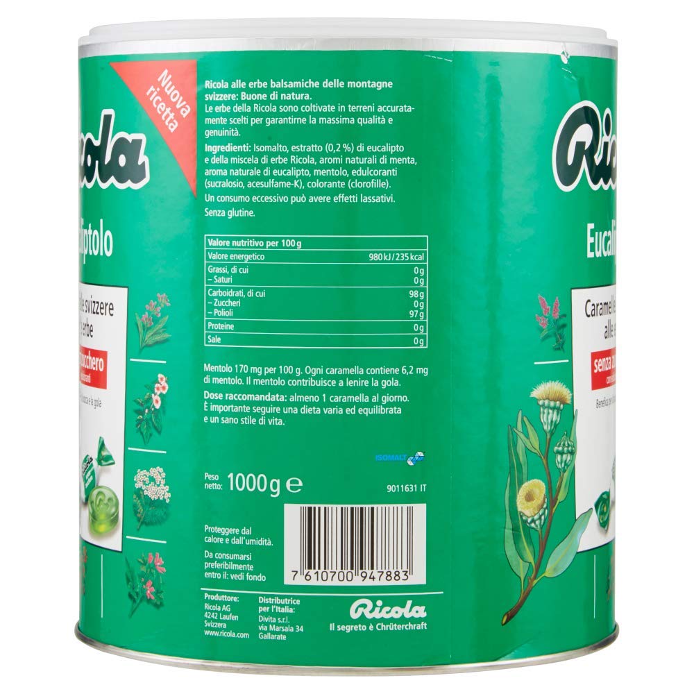 Ricola - Caramelos balsámicos a las hierbas, sin azúcar, sabor eucaliptol - Bote de 1 kg