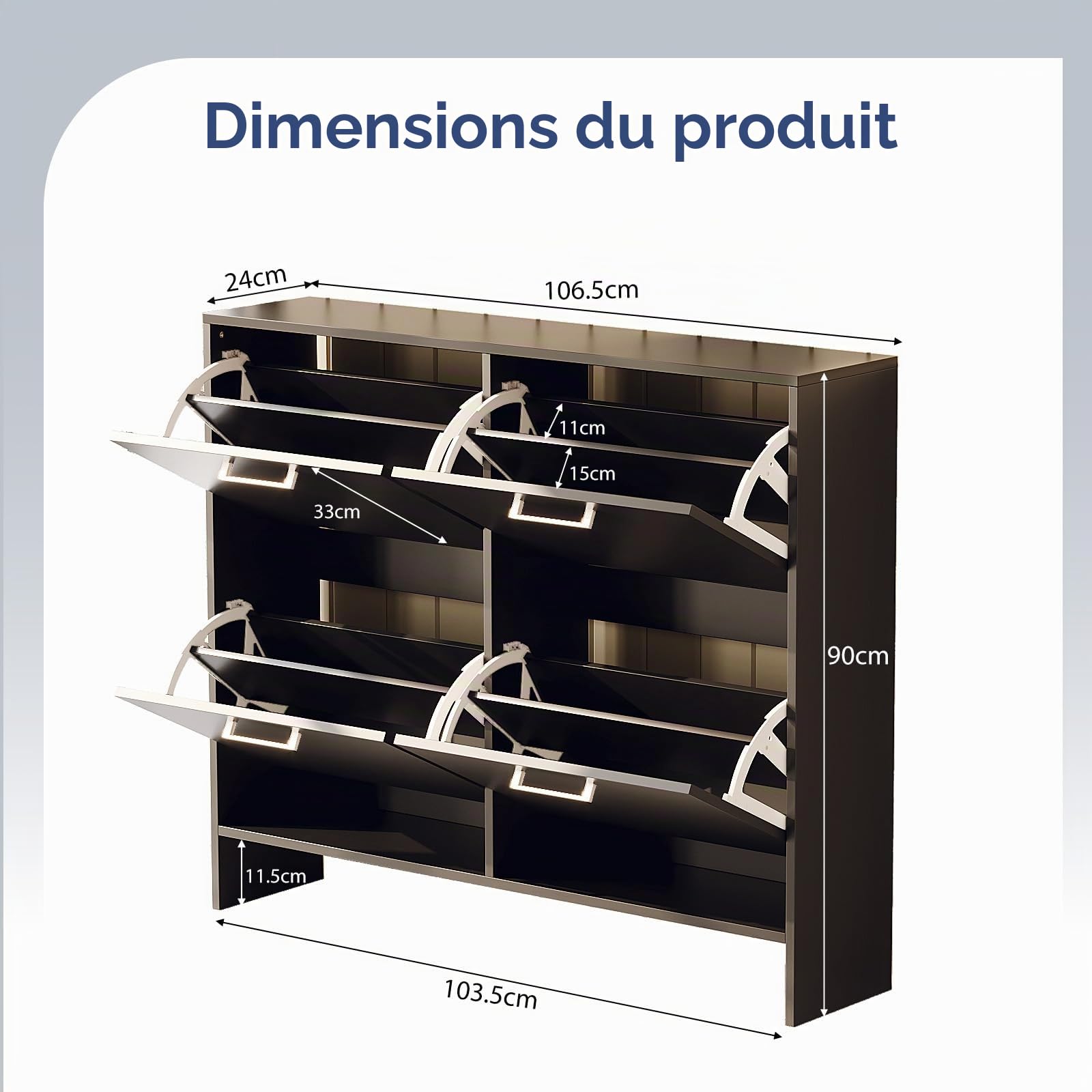 LEADZM Meuble à Chaussures 4 Portes Étroit, 106,5x24x90cm Noir