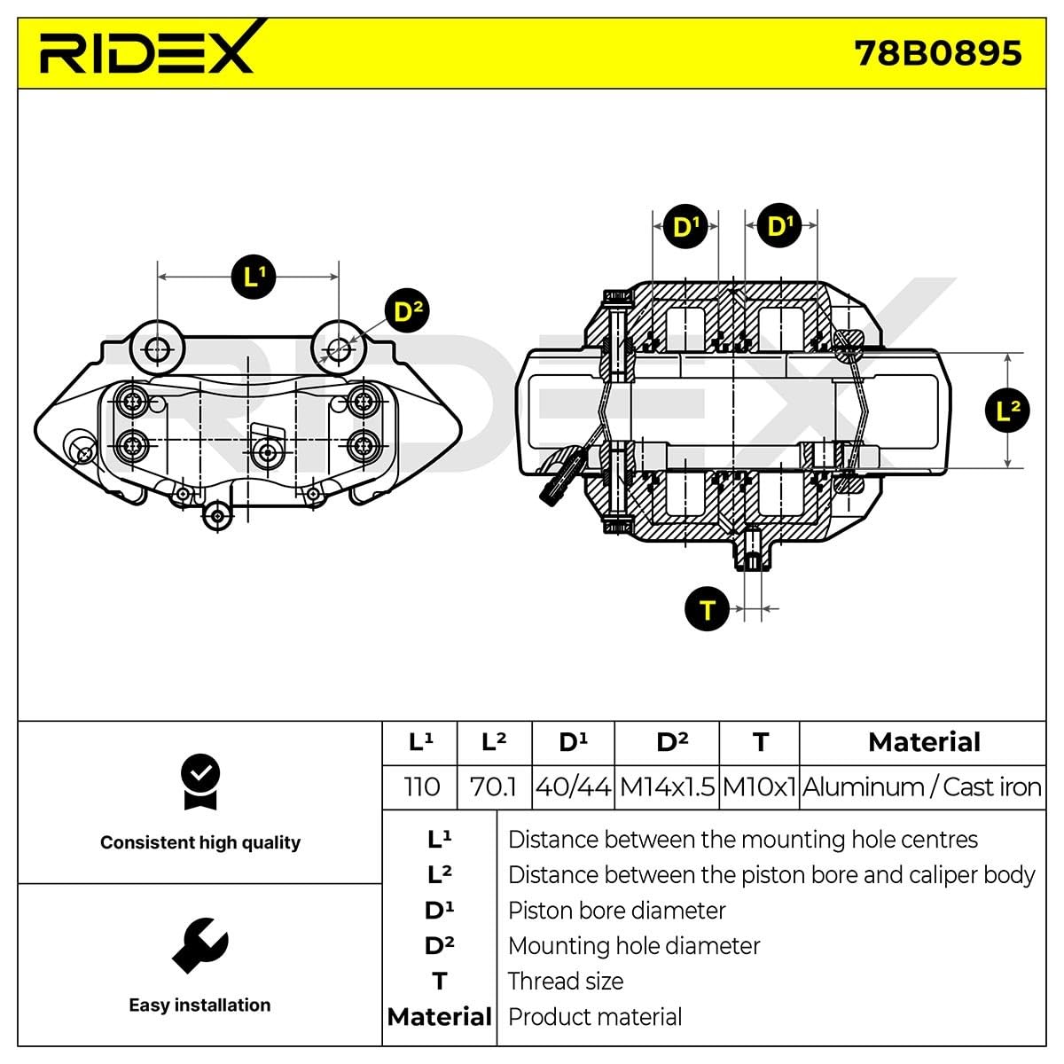 RIDEX 78B0895 Pinza de freno Delantero Derecha Delantero con pistón con bastidor de soporte Compatible con MERCEDES-BENZ Clase M W163