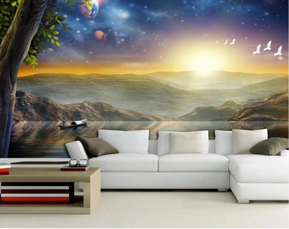 Papier peint 3D pour agrandir un salon sombre avec un paysage lumineux de montagnes