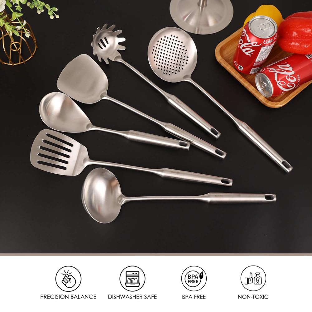 Juego de Utensilios de Cocina de Acero Inoxidable 18/10 - Utensilios de Cocina de 15 Pulgadas Totalmente Metálicos con Soporte Giratorio para Encimera