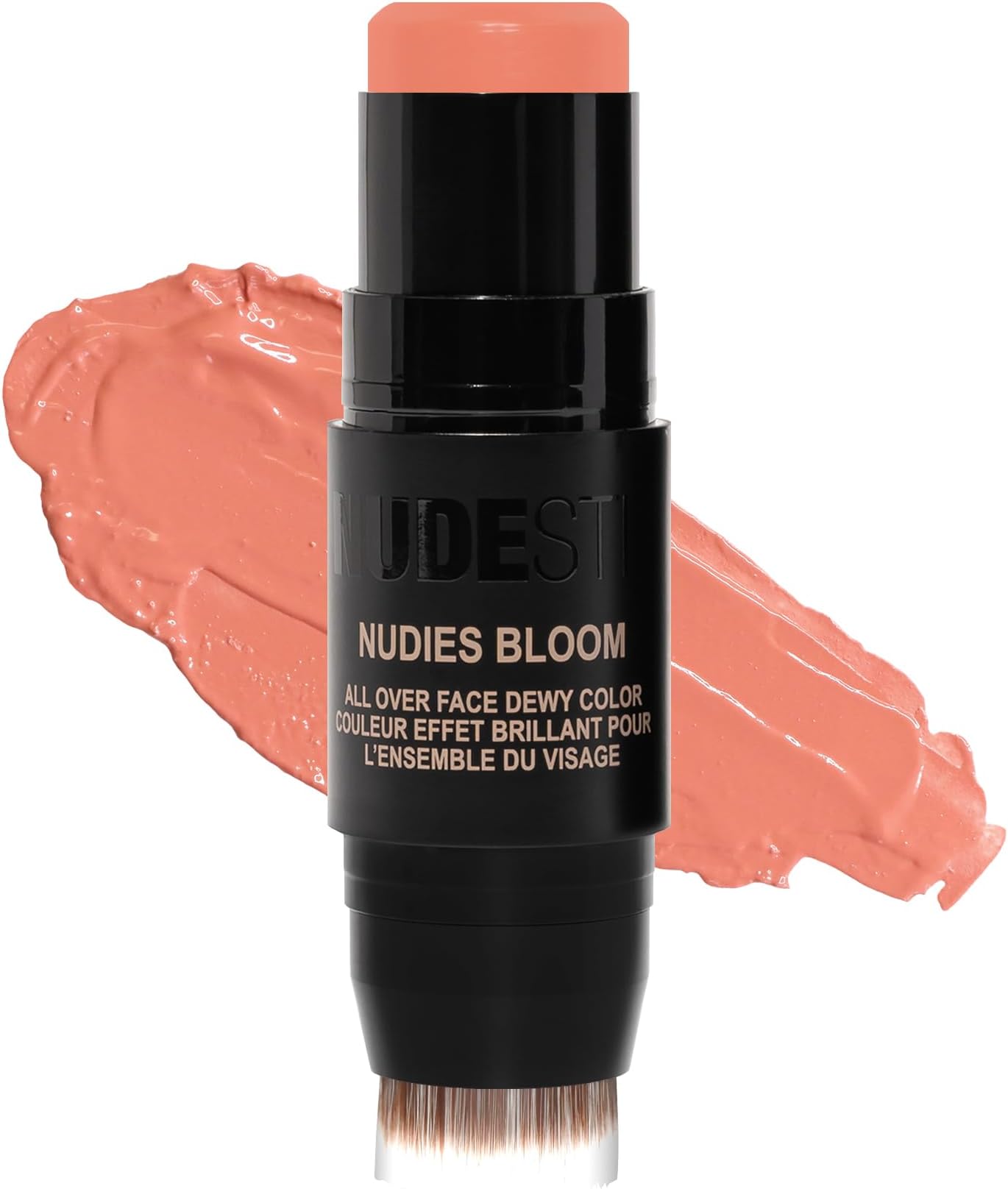 Nudies Bloom Blush Stick w/Blending Brush, 3-in-1 Dewy Color for Cheeks, Eyes, Lips, Brightening Balm Makeup for Natural Healthy Glow, Glossy Finish, 0.25 oz (7g) (Sweet Peach Peony)