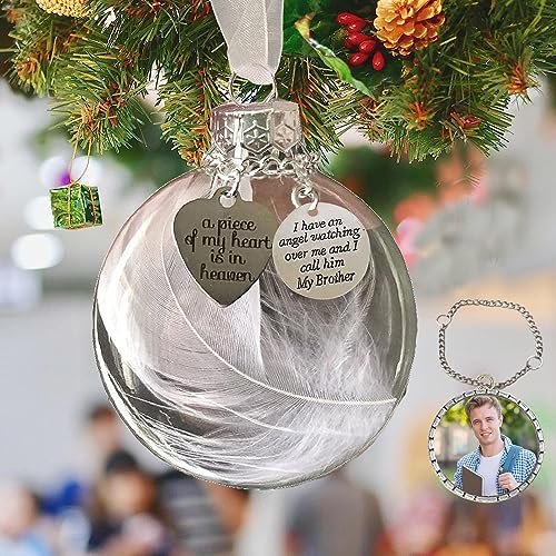 Sympathy Gifts for Loss of Brother,Clear Christmas Memorial Ornament Feather Ball, A Piece of My Heart is in Heaven,Christmas Tree Remembrance Hanging Pendant 3.15 inch (Brother)