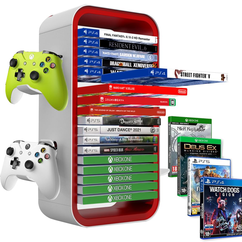 Torre de Almacenamiento de Juegos para PS5/ Xbox Series S & X/Switch, Organizadores Universales de Discos de Videojuegos, Almacena 18 Juegos, con 4 Soportes de Controlador (Rojo)