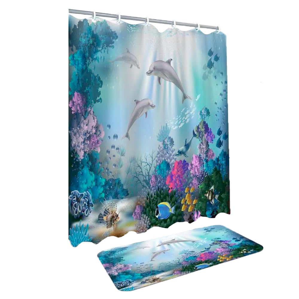 Easylife Lifestyle Solutions Dolphin Easylife Bathroom Shower Curtain And Bath Mat Set, Mould Proof And Waterproof Bathroom Curtain L180cm X W180cm With Matching Bath Mat L80cm X W50cm, Theme |
