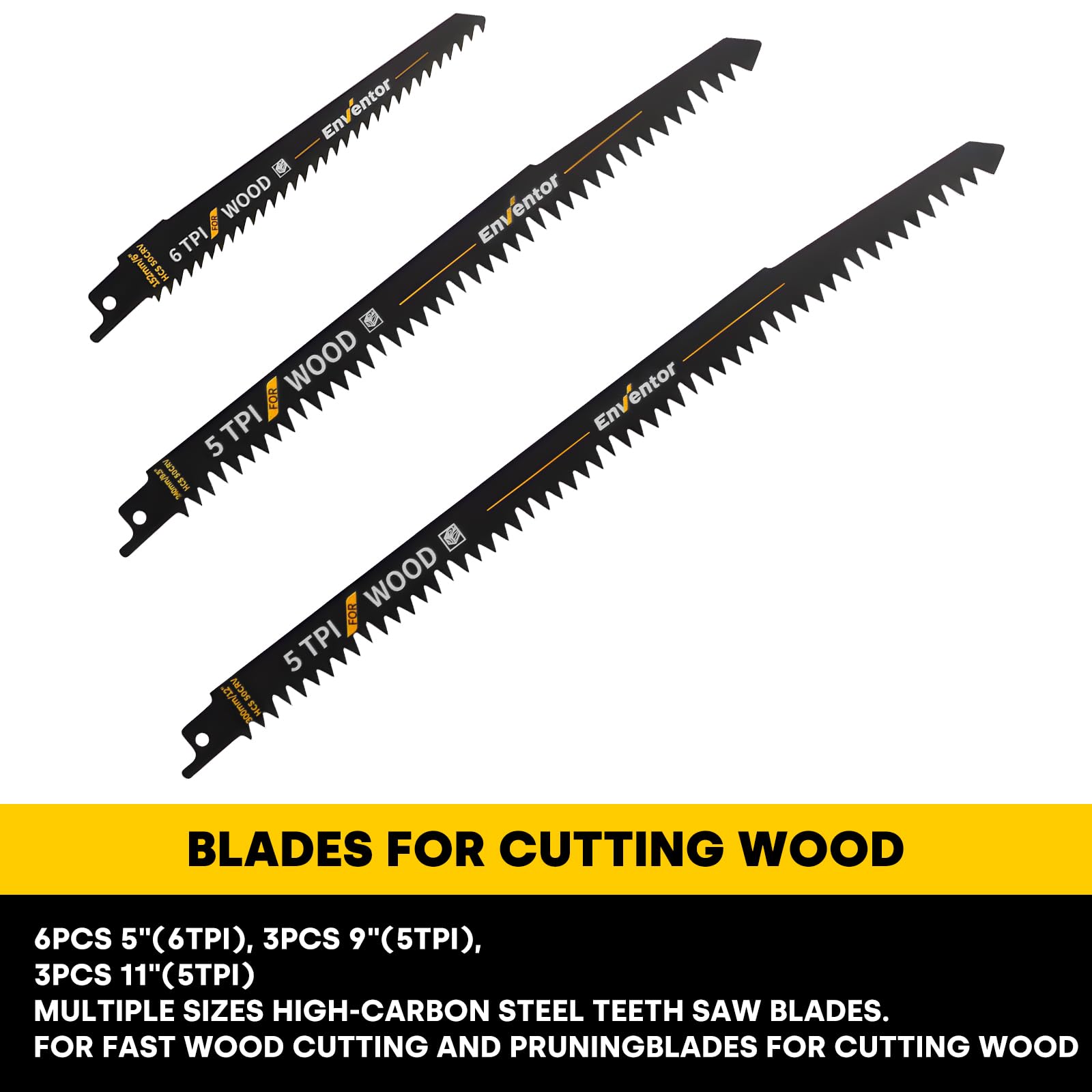 Enventor Set de 12 Piezas para Sierra Sable, 12 Hojas de Corte en Madera 152/240/300 mm 5TPI 6TPI HCS, Juego de Poda, Ramas, Madera Húmeda, Plástico y PVC con Caja