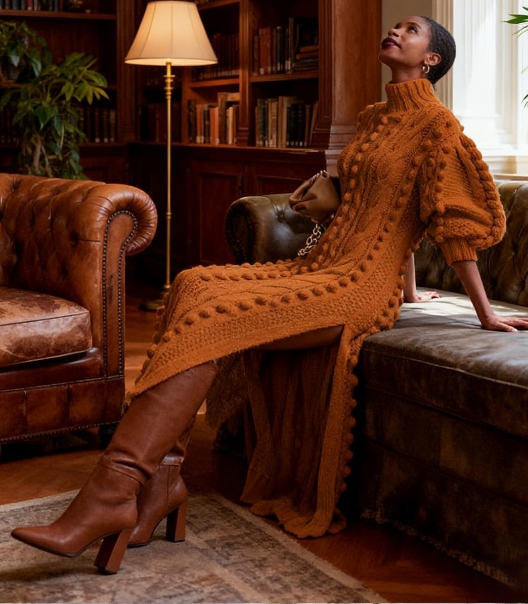 Angsuttc Women's Sweater Dresses Textured Knit Puff Sleeve High Neck High Split Hem Maxi Dress - Image 5