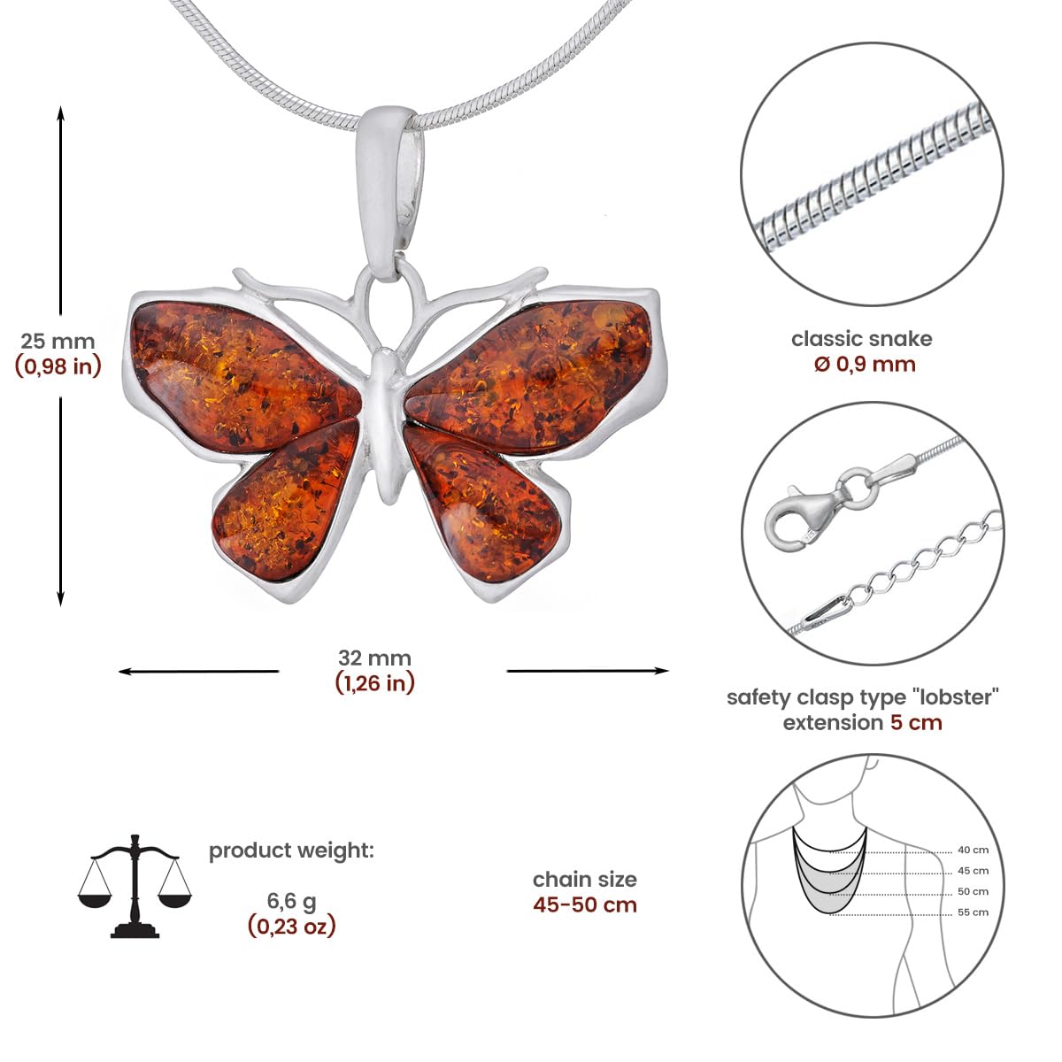 Collar Mujer Pequeña Mariposa I, Plata de Ley Pulida, Ámbar Báltico en Color Coñac, Colgante Mariposa de Plata con Cadena
