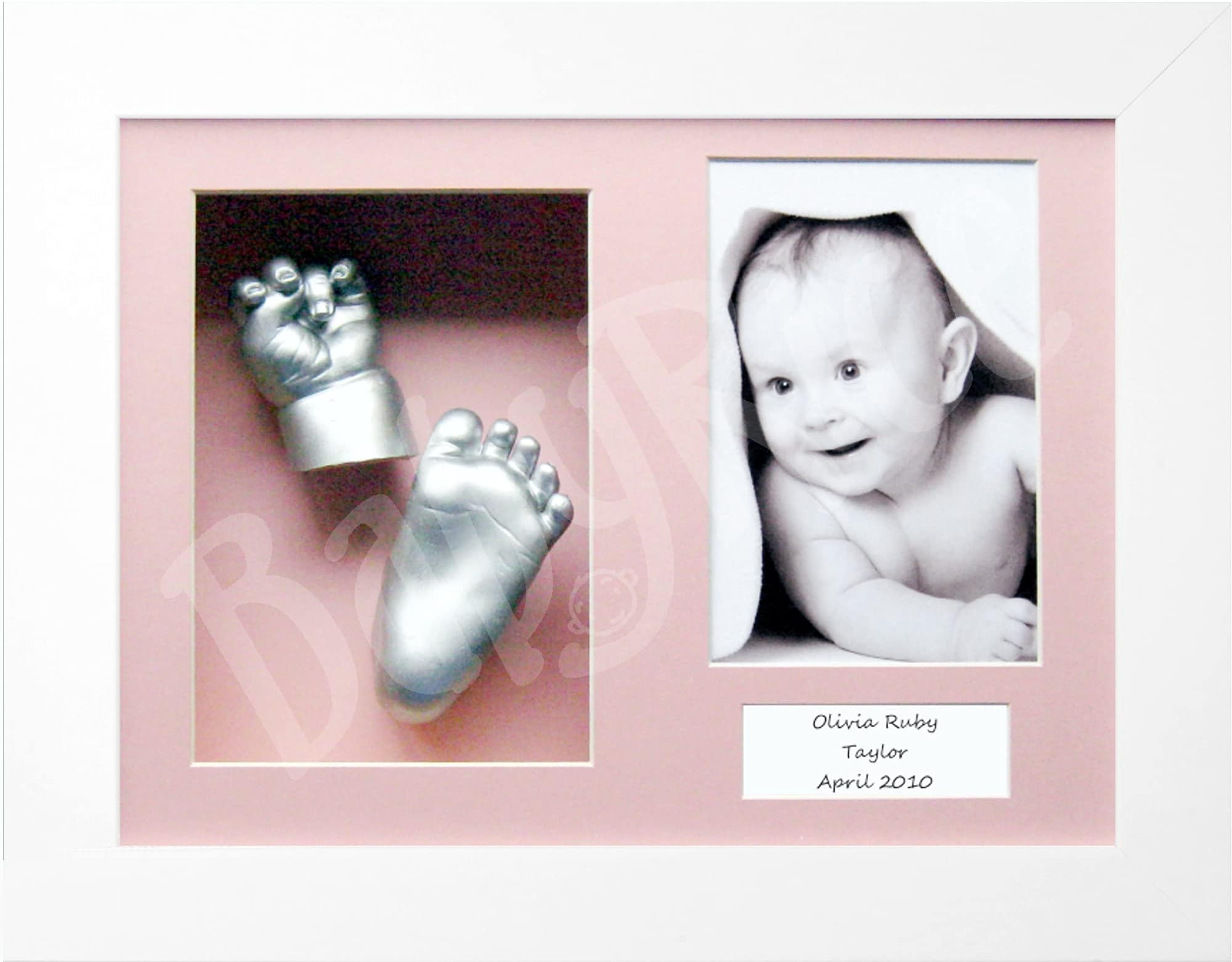 Baby Casting Kit with White 12x9 Shadow Box Display Frame, Silver Paint for Hand, Foot Casts (Pink/Pink)