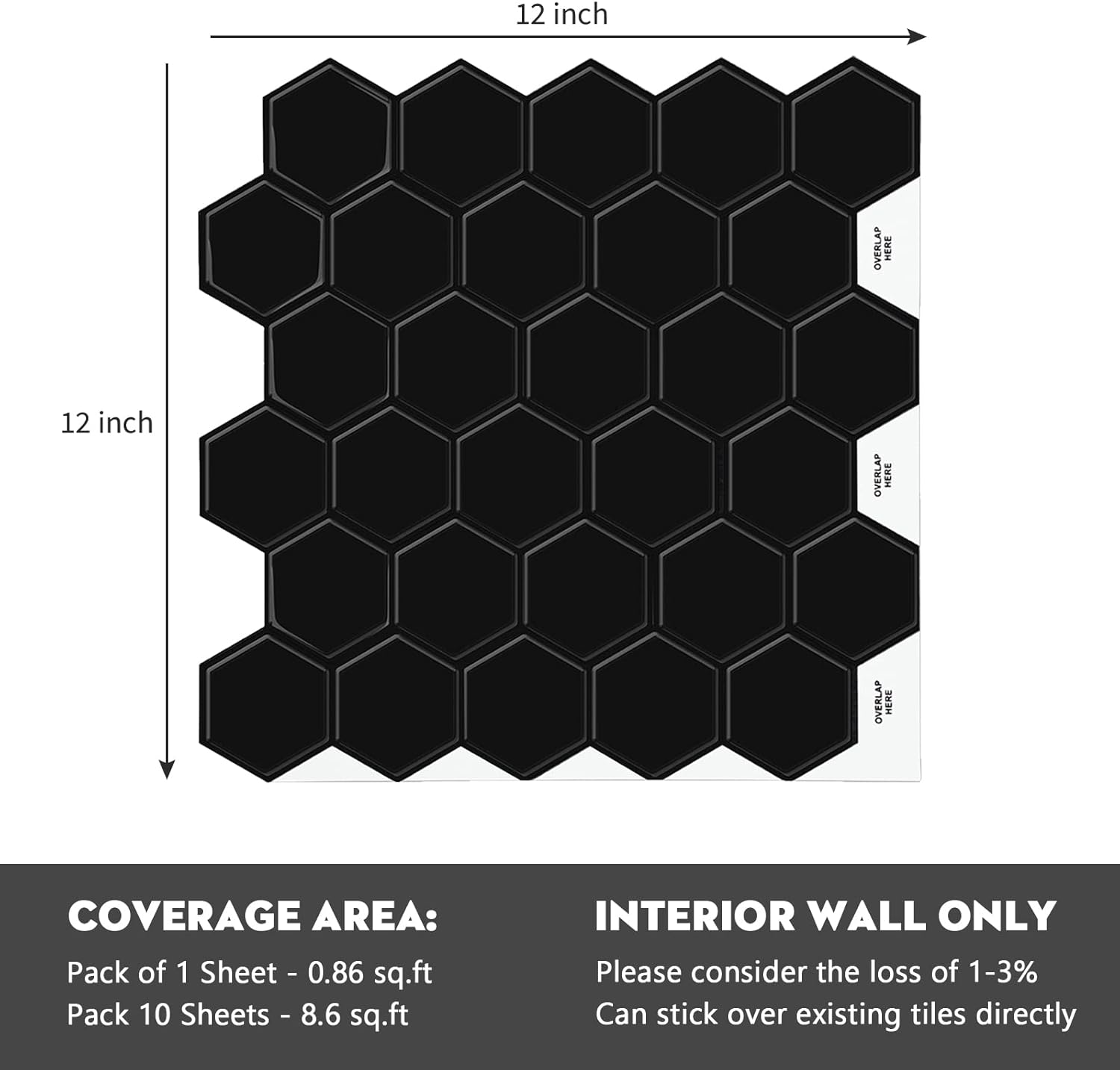 Black Hexagon Tile Peel and Stick Backsplash, 12"x12" Self-Adhesive 3D Stick on Wall Tiles Sticker for Kitchen Bathroom (10 Sheets)