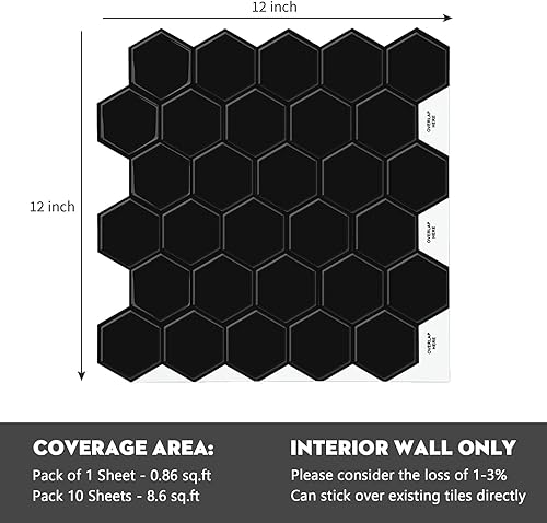 Miniatura 2 de Azulejos hexagonales negros para despegar y pegar, 12 x 12 pulgadas, adhesivo 3D autoadhesivo para pared de cocina y baño (10 hojas)