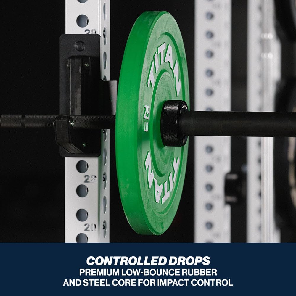 Titan Fitness Economy Olympic Bumper Plates, Color-Coded by IWF Standards, Low Bounce Rubber with Steel Insert, Weightlifting and Strength Training, Barbell Weight Set