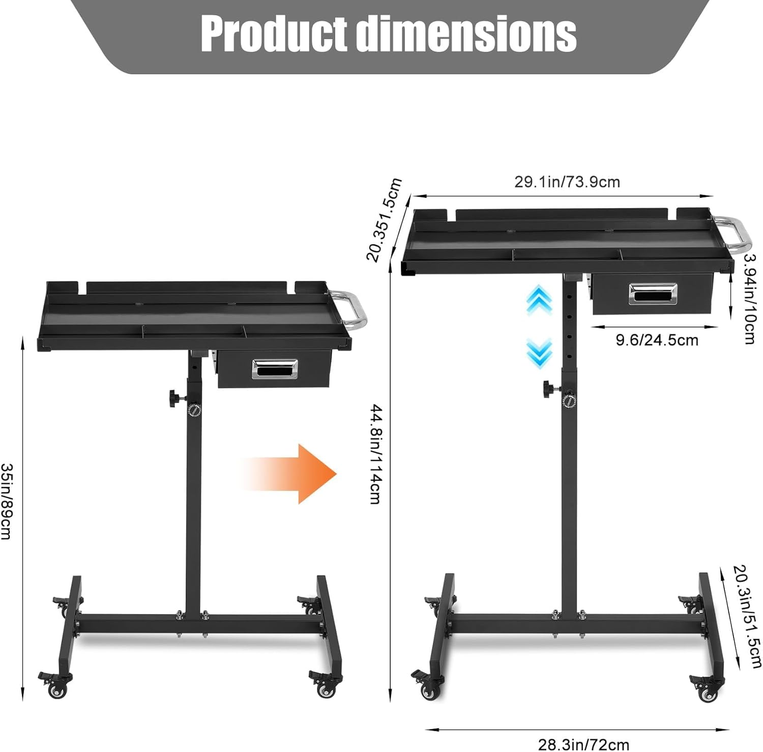 Adjustable Height Mobile Work Table,Mechanic Rolling Tool Cart with Brakes,300Lbs Capacity Mobile Rolling Tool Tray with Drawer for Garage, Repair Shop,Workshop and DIY