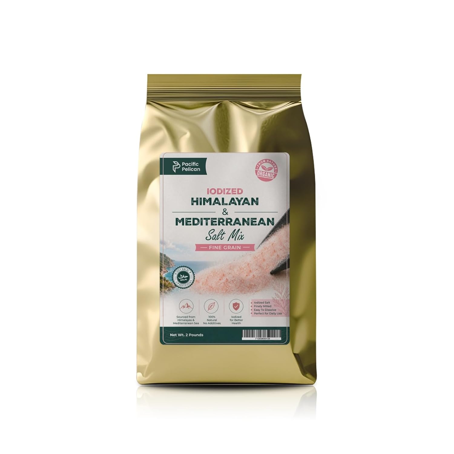 Pacific Pelican Iodized Himalayan & Mediterranean Sea Salt Mix, Fine Grain, 2 Pounds - 100% Natural, Pure Pink Himalayan Salt & Mediterranean Sea Salt Blend for Cooking & Seasoning, No Additives or Preservatives