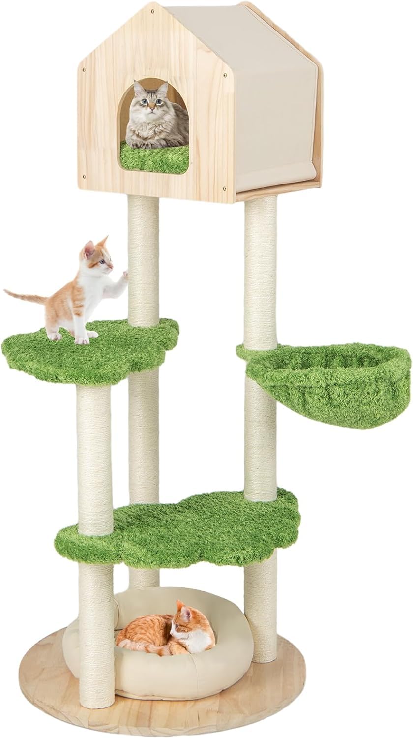 GYMAX Árbol de Escalada para Gatos de 139 cm con Poste Rascador de Sisal y Cueva, Árbol para Gatos con Cama para Gatos, Hamaca, Centro de Actividades de 5 Niveles, Muebles para Gatos