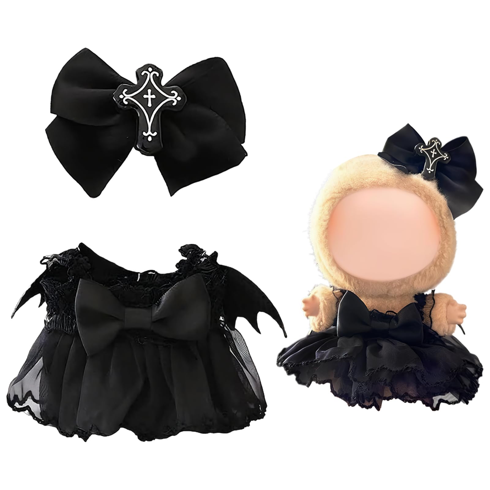 Bekleidung für 17cm Plüsch,Puppenkleidung Halloween,Niedlich Halloween Teufelspuppe Puppe Kleidung mit Haarschleife und Kleid,Schwarze Kleid,Kleidung für Puppe,DIY Kinder Geschenke