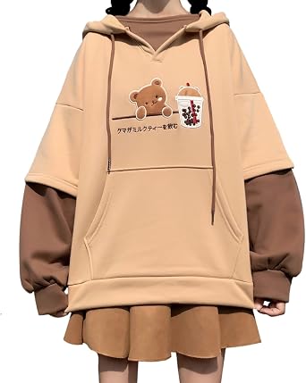 Kawaii Bear Graphic Hoodie Teen Girls Harajuku Japanese Long Sleeve Anime Cartoon Fleece Sweatshirt Top