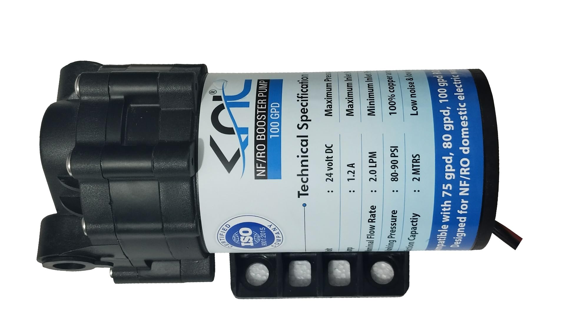 KNL RO Black Booster diaphragm Pump 100 GPD 24 volt 1.2 amp, flow rate 2 LPM, suction 2 mtrs, working pressure 80 PSI TO 90 PSI, direct pressure without FR, 140 PSI, for ro or nf water purifier