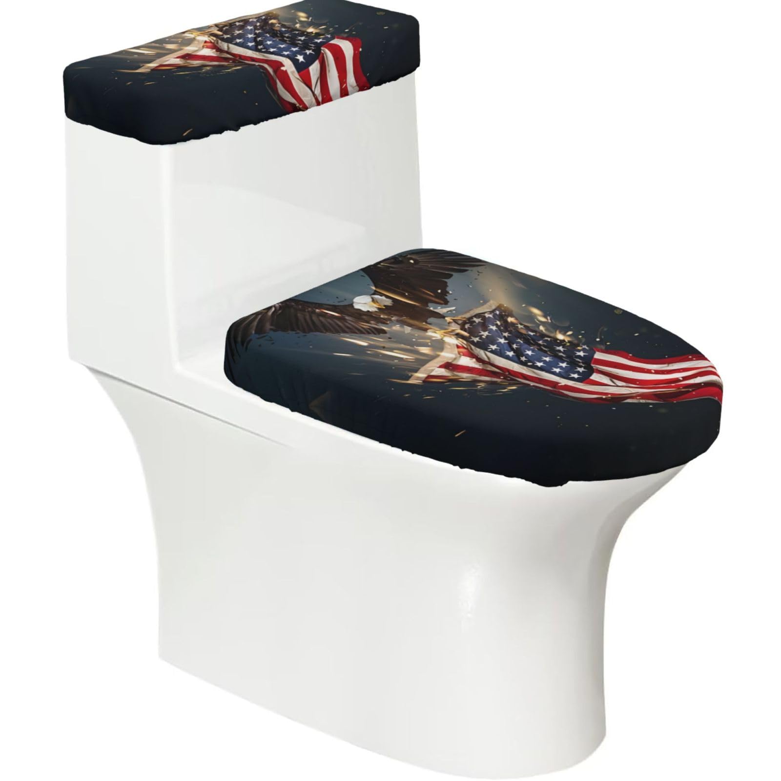 North American Bald Eagle 2-Piece Toilet Seat Cover Set with Tank Lid, Elastic Fit for U-Shape & Elongated Toilets, Bathroom Decor, Housewarming Gift