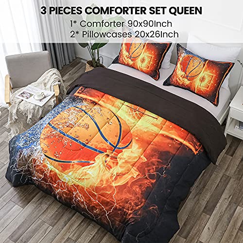 Litanika Basketball Comforter Queen(90X90Lnch), 3 Pieces(1 Basketball Comforter And 2 Pillowcases) 3D Sport Basketball Comforter Set, Microfiber Bedding Set For Boys Kids #TOP1