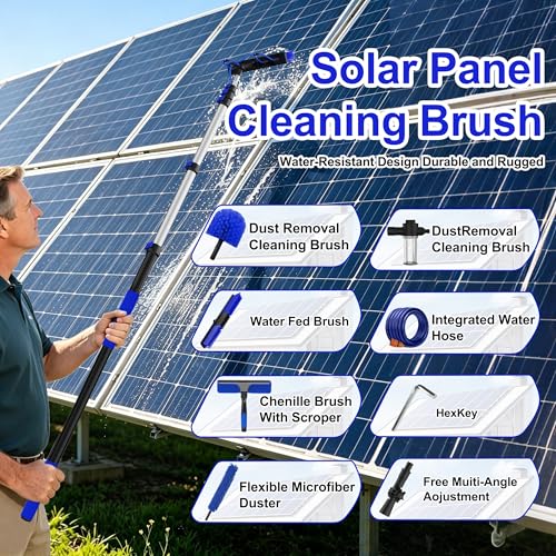 Image of 30FT Reach Solar Panel Cleaning Brush Kit with 5-24FT Telescoping Pole, 40FT Hose, 20 inch Water Fed Brush, Soap Dispenser, Cobweb Duster, Squeegee & High Ceiling Duster for Roof, RV, Gutter, Boat, Deck