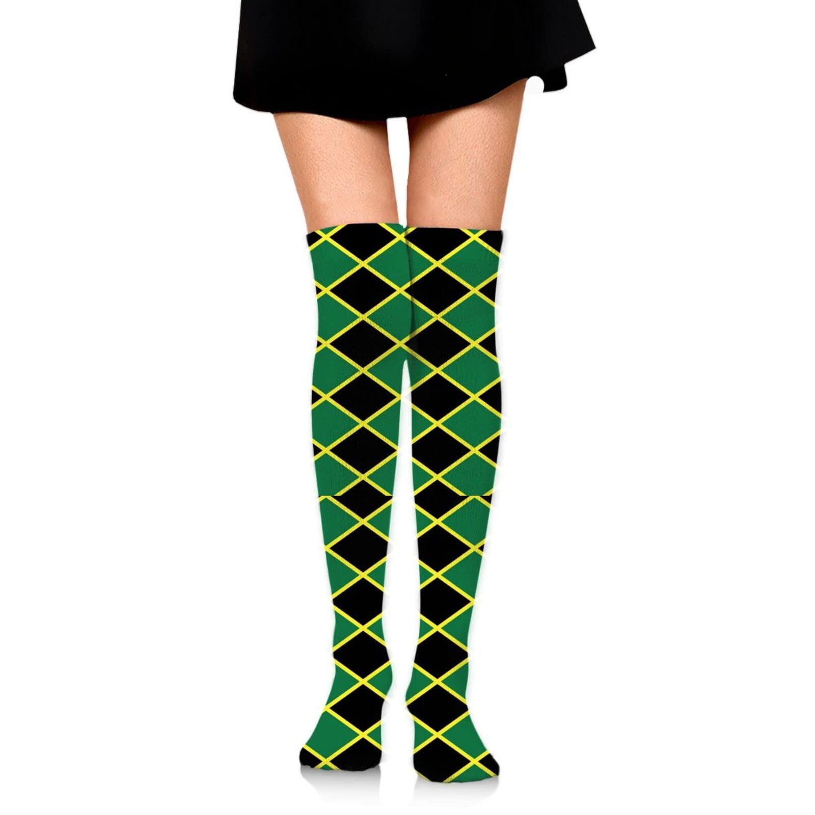 TIETIE Women's Jamaican Flag Stripe Caribbean Island Design Knee High Socks Combed Cotton Non-Slip Stretch Soft Non See Through