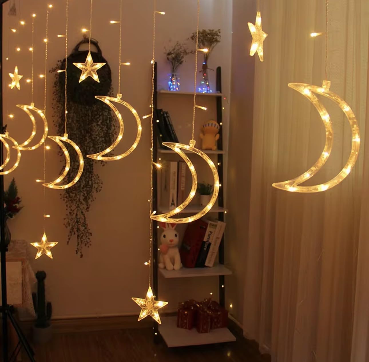 ZELLUMAX Star & Moon Curtain Fairy Lights | 138 LED 3.5m Warm White 8 Modes Remote Timer | Battery Operated String Lights Bedroom Window Wedding Christmas Party