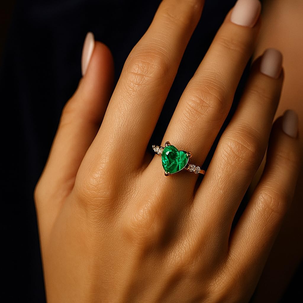 Heart Shaped Green Emerald Ring for Women 10k Yellow Gold Three Stone Engagement Promise Ring Vintage Romantic Jewelry Gift for Her