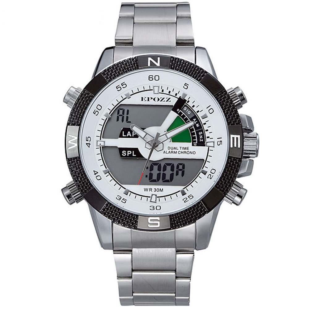 EPOZZ Stainless Steel Business Watch Mens Watches Sale Best Dual Display Watch for Men Quartz Watch Full Steel Watch warterproof (White)