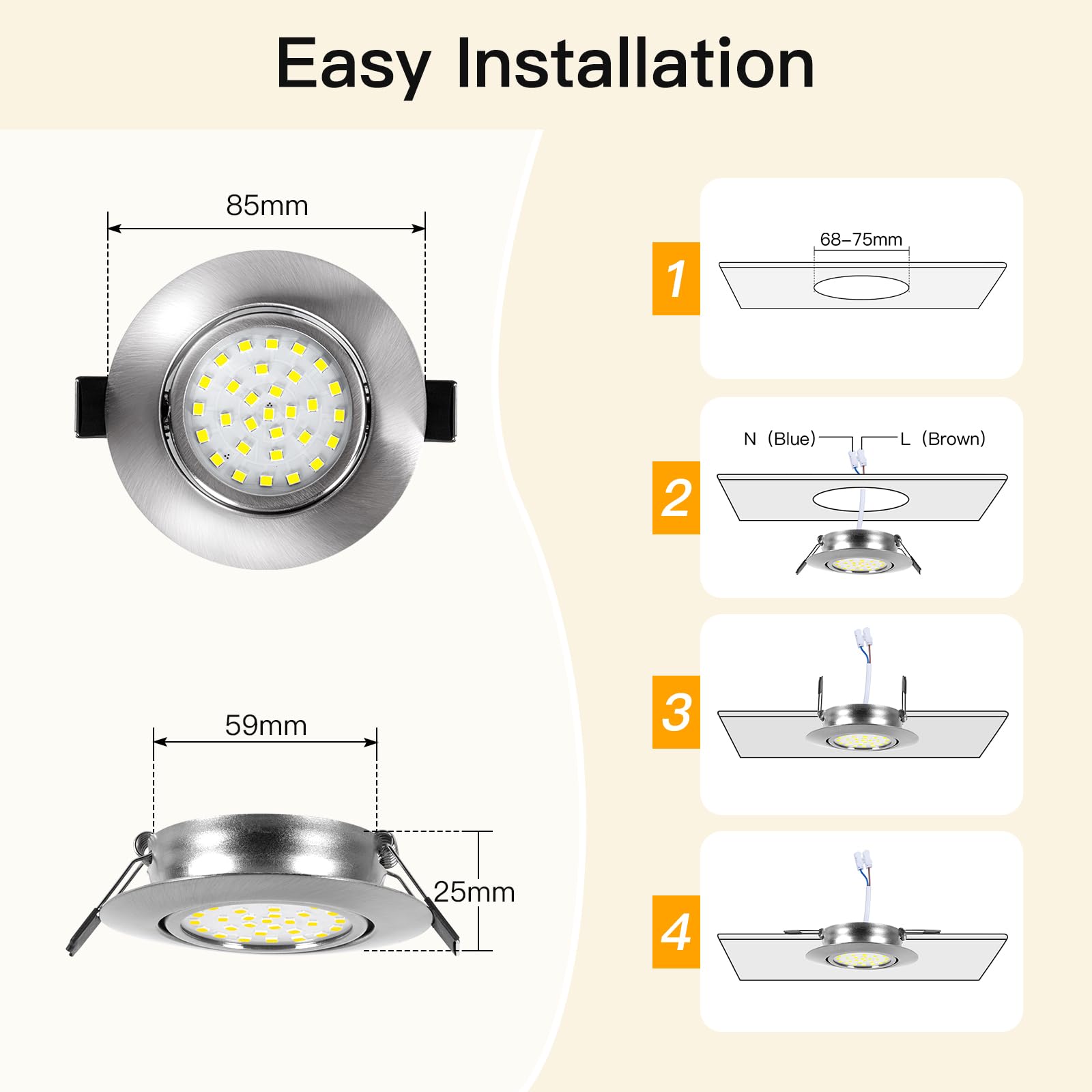 Foco Empotrable LED de Techo Extraplana, Dimmable 5W Blanco Cálido 6000K 600Lm,Equivalente a 80W Incandescente, Downlight Led Empotrable Redondo,Plata Metálica ojos de buey, Juego de 10