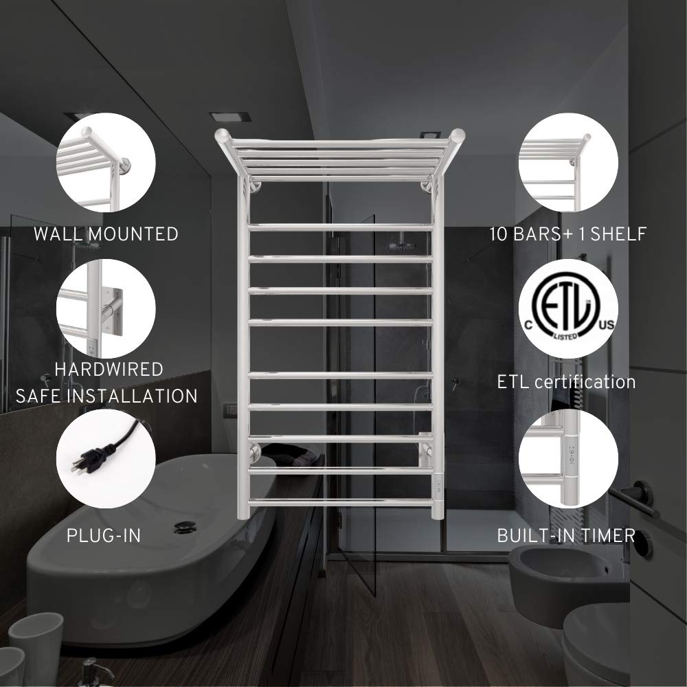 Amazon.com: Odass | Towel Warmer with Timer | Built-in Timer with Led  Indicators | 3 Timer Modes: ON/Off, 2 H, 4 H | Wall Mounted | 9 Bars |  Heated Top Shelf | (