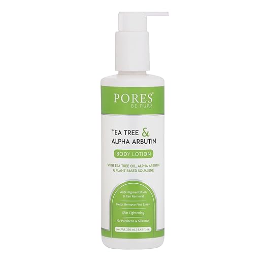 PORES Be Pure Body Lotion with Tea Tree Oil, Alpha Arbutin & Plant-Based Squalane | Anti-Pigmentation & Tan Removal Moisturizer | Helps Reduce Fine Li