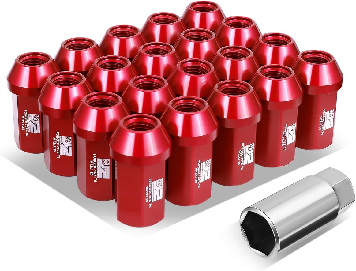 J2 Engineering J2-LN-T7-038-125-RD M12 x 1.25 T6-7075 Aluminum 42mm Closed End Lug Nuts w/Deep Drive Extension Adapter,Red, 25mm x 42mm